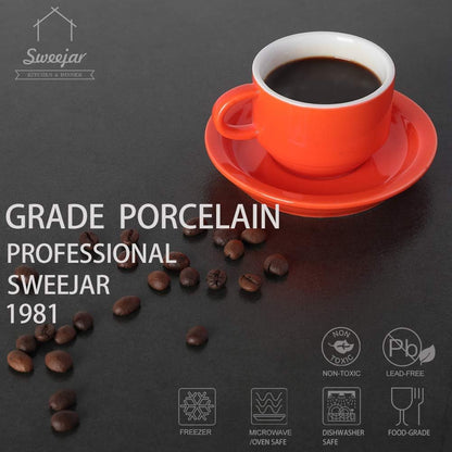 Sweejar Porcelain Espresso Cup & Saucer Set, Stackable Demitasse Cups with Metal Stand, 2.5 OZ for Latte,Coffee,Cafe Mocha,Tea, Set of 6(Multi)