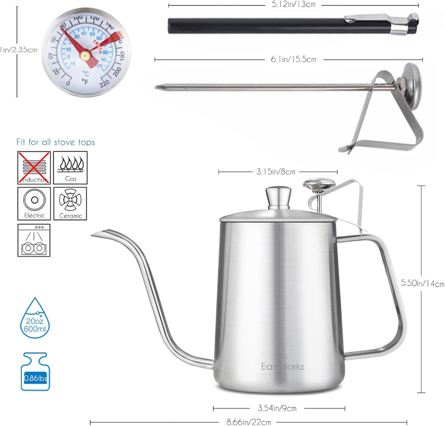 Easyworkz Gage Gooseneck Pour Over Coffee Kettle 20 oz with Thermometer Stainless Steel Hand Drip Coffee Pot With Long Narrow Spout, Silver
