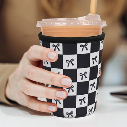Reusable Insulated Neoprene Iced Coffee Cup Sleeve, Durable Drink Sleeve for Cold Beverages, Beverage Holder for Iced Coffee, Black Checkered Bows