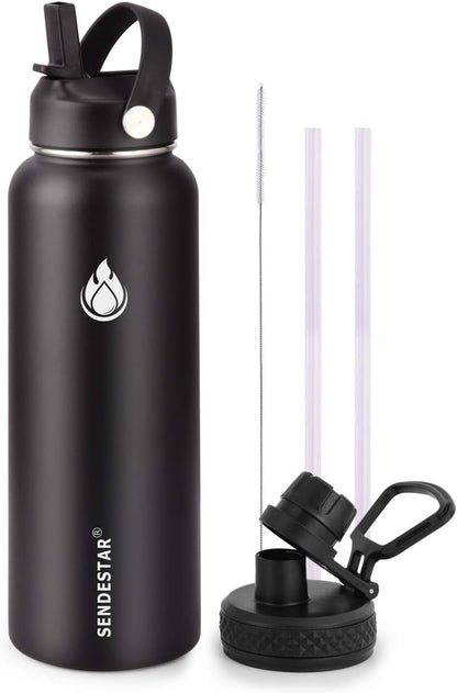 SENDESTAR Stainless Steel Water Bottle, Wide Mouth 32 oz Water Bottle with Straw Lid, Spout Lid, Double Wall Vacuum Insulated Leak Proof, Keeps Liquids Hot or Cold (Black)