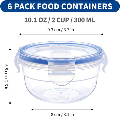KIGI 6 PACK 10oz Plastic Round Bowls with Lid Airtight Food Storage Container Set Small Meal Prep Containers Bento Box