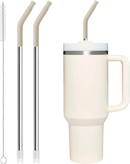 Snowfall Metal Straws for Stanley 40 OZ Tumbler, Long Reusable Stainless Steel Drinking Straws with Silicone Tip for Simple Modern 40 OZ Tumbler (Cream Gray)