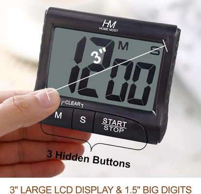2-Pack Large Display Kitchen Timer - 3" Digital Timer Magnetic Back Loud Alarm - Black Cooking Timers for Kitchen Teachers Students Games Meetings - Sports Timers for Workouts Exercise