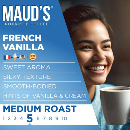 Maud's French Vanilla Coffee Pods, 100 ct, Medium Roast Coffee in Recyclable Single Serve Pods – 100% Arabica Coffee, Compatible with Keurig K Cups Maker