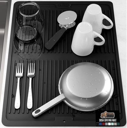 GORILLA GRIP 100% BPA-Free Patented Silicone Dish Drying Mat for Kitchen Counter, 18x24 Inch, Water Catching Ribbed Design, Easy Clean Waterproof Sink Liner, Heat Resistant, Fits Under Rack, Black