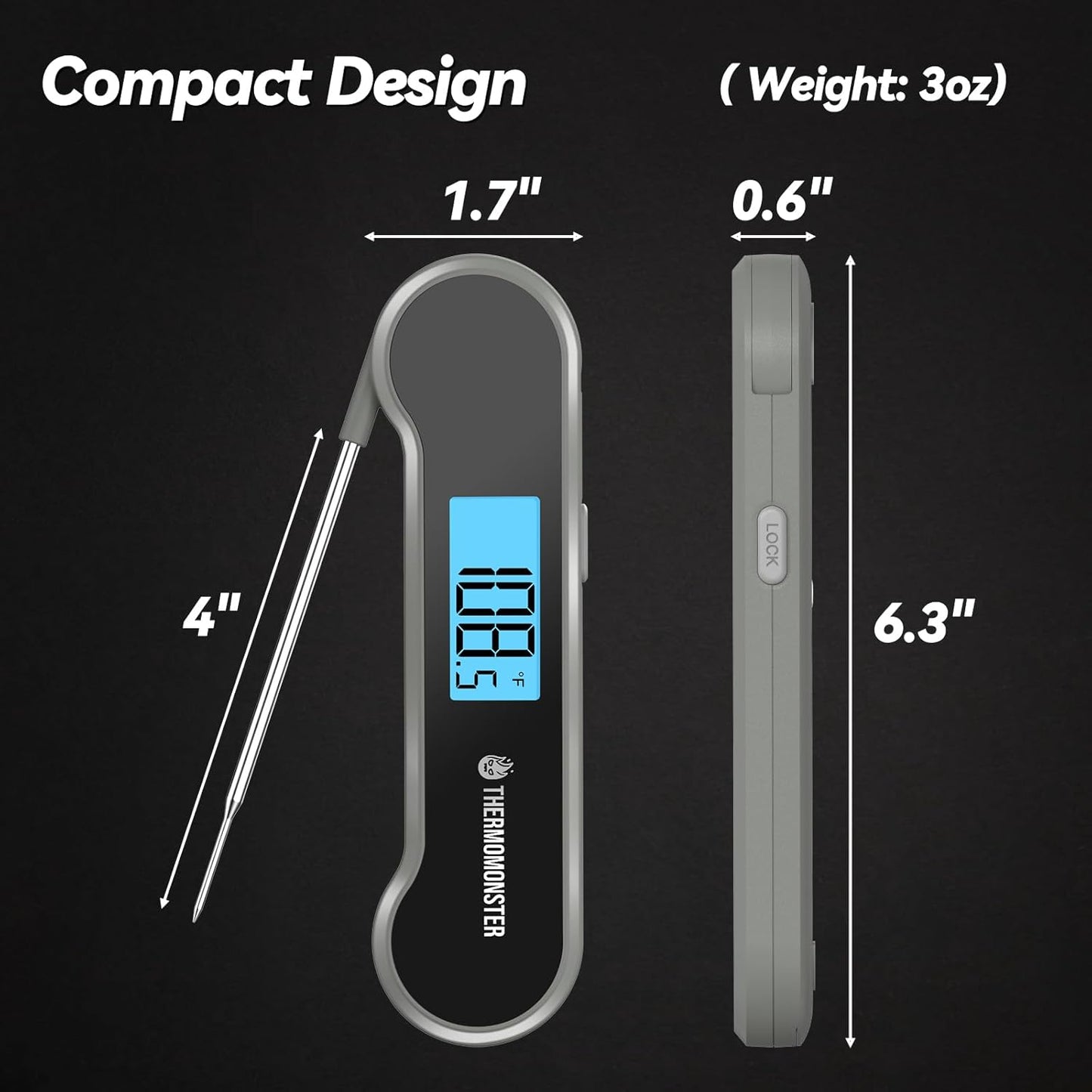 0.5 Sec Instant Read Meat Thermometer Digital with ±0.5℉ Precision, 100% Waterproof Auto Flip Bright LCD Screen, Motion Sensing Food Thermometer for Cooking Kitchen Oven Grill Candy BBQ, Grey