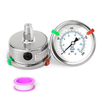 0-200PSI Stainless Steel Liquid Filled Pressure Gauge, 2.5" Dial Size, 1/4" NPT 316 Stainless Steel Joint, Back Mount, for Tube, Water Pump, Gas, Liquid (with Range Mark Pointer)