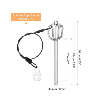 uxcell 1 Pcs Quick Release Pin, 6x75mm(Dia. x L) Push-Button Ball Locking Pin 304 Stainless Steel Ring Handle Locking Pin with Wire for Audio Bimini Top Marine, Silver