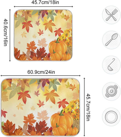 Autumn Fall Dish Drying Mat for Kitchen Counter Pumpkin Maple Leaves Drying Mat 18 x 24 Inch with Absorbent Reversible Microfiber Dish Drying Pad Dish Rack Drainer Mats for Coffee Bar