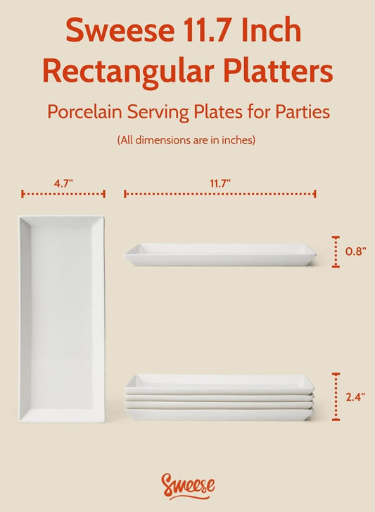 Sweese Porcelain Serving Platters 11.7 Inch - Elegant White Rectangular Plates, Set of 4 for Parties, Sushi, Appetizers