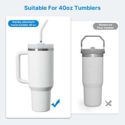 Metal Straw with Silicone Tip for 40oz Stanley Cup, 2 Pcs Stainless Steel Straws Replacement for Stanley 40 oz Adventure Quencher Travel Tumbler Cup, 1 Straw Brush (White)