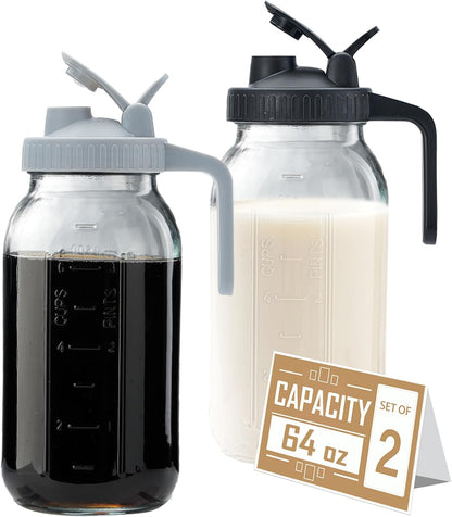 64oz Glass Pitcher with Lid - 2 Quart Mason Jar Pitcher with Spout, Leak-proof Milk Container for Refrigerator, Easy to Clean Wide Mouth Water Jug, Juice, Tea, Iced Coffee, Beverage and Drinks