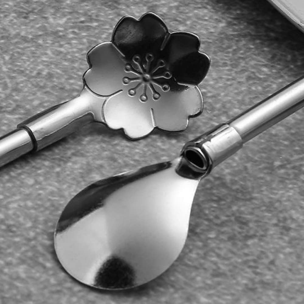 Reusable Stainless Steel Long Handle Straws Spoon, 6 Pieces 8.6", with 1 Cleaning Brushes (flower)