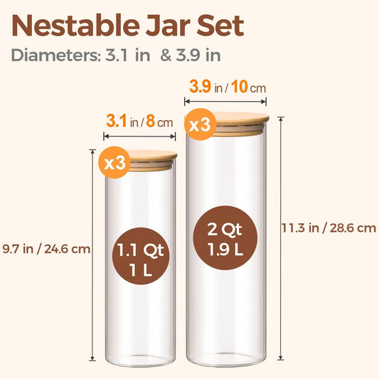 ComSaf Glass Food Storage Jars Set of 6, Tall Glass Storage Containers with Lids, Spaghetti Jar, Canisters Set for the kitchen, Pasta, Flour, Nuts, Oat, Coffee and Sugar Container, Pantry Organization