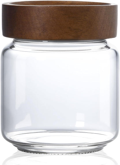 13.5 oz/400 ml Glass Jar with Airtight Wooden Screw Top Lid, Clear Stackable Food Storage Canister, Small Cute Decorative Glass Container for Coffee, Candy, Cookie, Sugar, Oatmeal, Salt, Spice