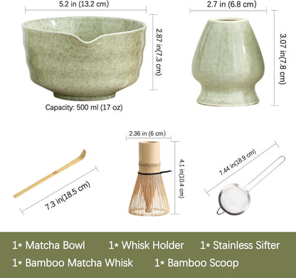 Matcha Set, Japanese Tea Set Includes Matcha Bowl with Spout, Matcha Whisk Holder, Bamboo Matcha Whisk and Bamboo Scoop, 17 oz Mottled Tea Green Glaze Ceramic Matcha Kit for Tea Lovers