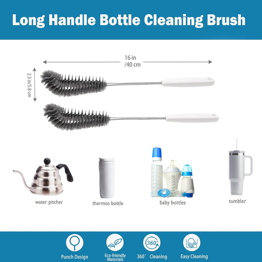 16 inches Long Handle Black Bottle Cleaning Brushes - Perfect for Baby Bottles, Sports Bottles, Glassware, Mugs, Jars, and Stemware (2-pc)