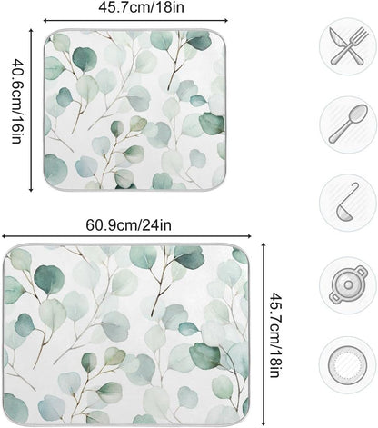 Sage Green Leaves Dish Drying Mat for Kitchen Counter Watercolor Branch Plant Drying Mat 18 x 24 Inch with High Absorbent Reversible Microfiber Dish Drying Pad Drainer Mat for Coffee Bar