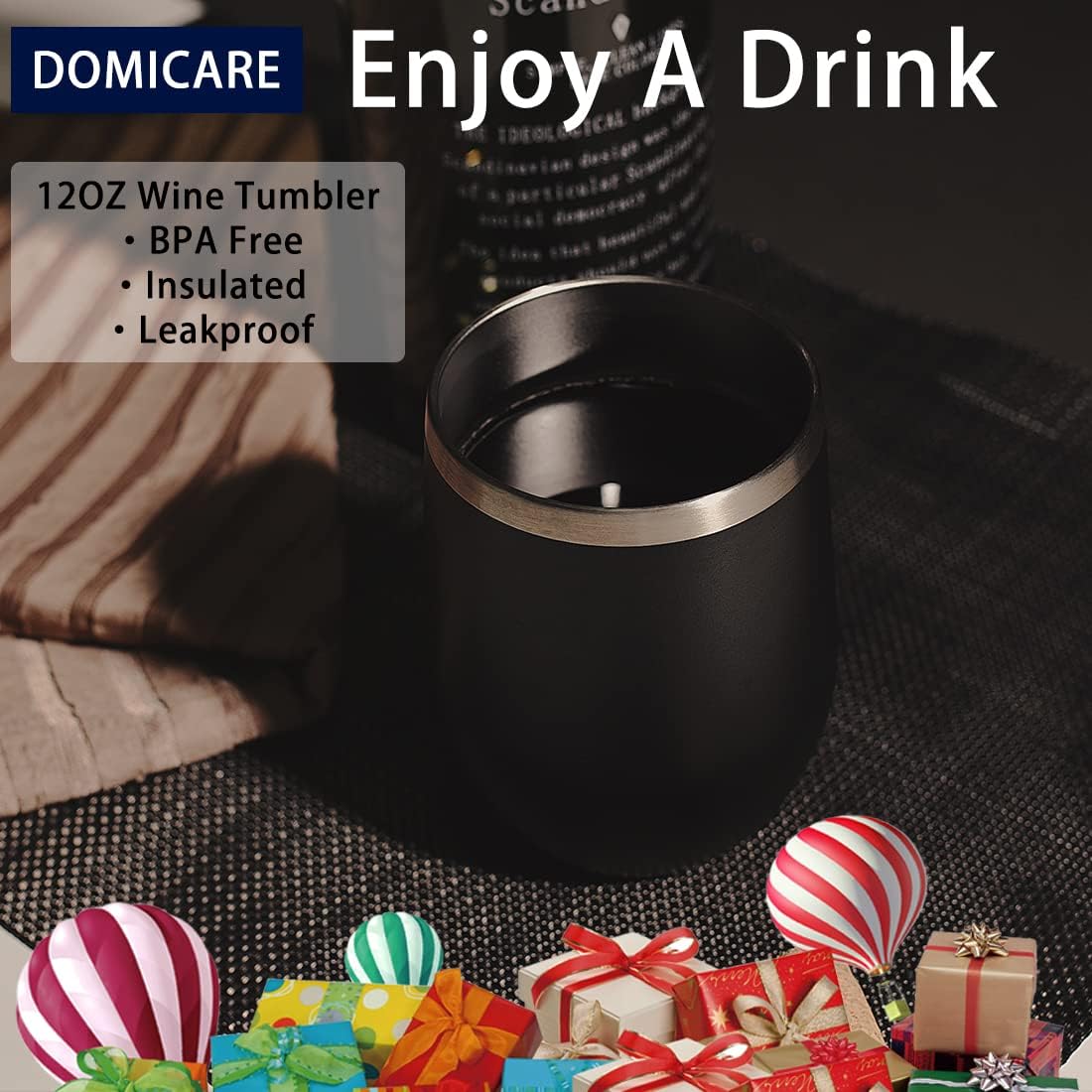 DOMICARE Stainless Steel Wine Tumbler Bulk with Lid, Personalized Insulated Tumblers Set, 12oz Travel Coffee Cups Pack of 8, Black