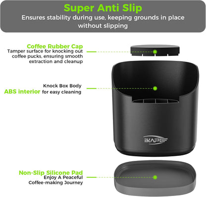 IKAPE Espresso Knock Box for Coffee Grounds, Barista Tool Enhanced for Better Manipulation - Black Espresso Machine Coffee Puck Disposal Box