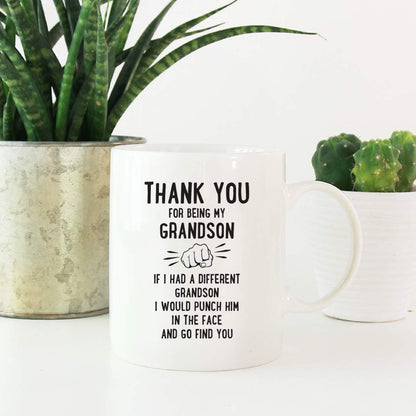 Andaz Press Funny Family 11oz. Coffee Mug Gift, Thank You for Being My Grandson, Punch in Face, 1-Pack, Christmas Birthday Drinking Cup Present Ideas