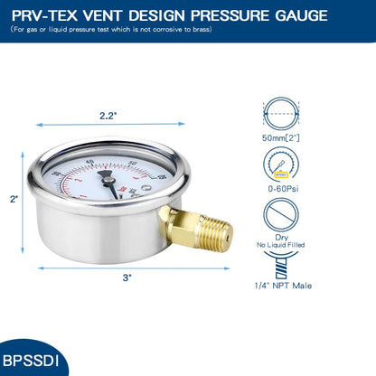 0-60 Psi Low Pressure Gauge, 2.5" Dial Size, 1/4" NPT Lower Mount, 304 Stainless Steel Case, Water Pressure Gauge Test for Water Pump, Pneumatic Air, RV Hose(with Tape)