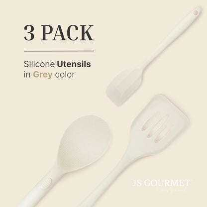 Silicone Utensils 3-Piece Set – Rubber Spatula, Slotted Turner, and Rice Paddle – Complete Heat-Resistant Set for Non-Stick Cookware – Kitchen Tools and Accessories for Cooking & Baking – Cream
