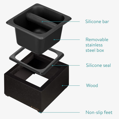Navaris Coffee Knock Box - Stainless Steel and Wood Bin for Espresso Machine Grounds - With Silicone Bar for Knocking Portafilter Filter Grinds - Black/Black