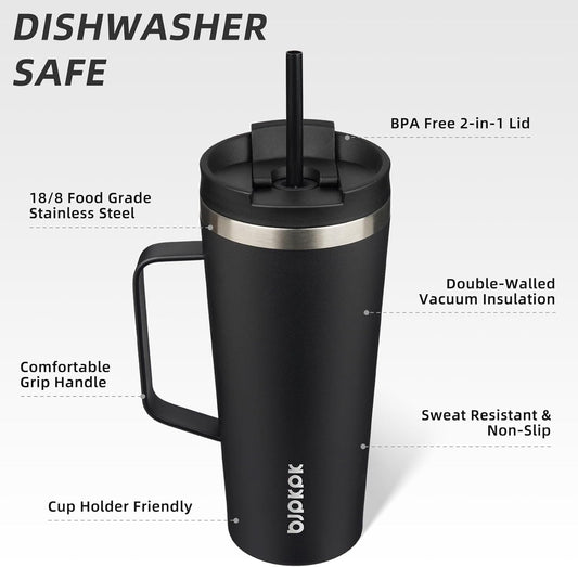 BJPKPK Insulated Tumbler with Handle, 22oz Insulated Tumblers with Lid and Straw, Stainless Steel Metal Water Bottles, Coffee Travel Mugs, Cups, Black