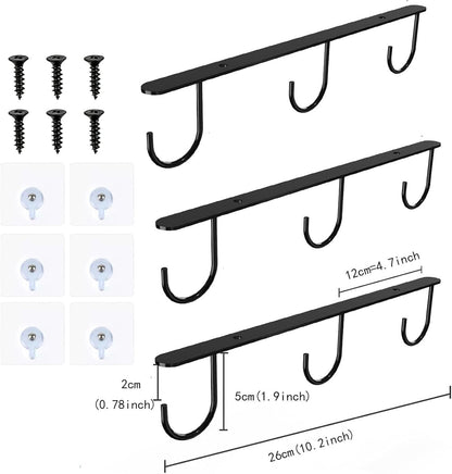 3pcs Under Cabinet Mug Hooks,Adhesive/Screw 2 Ways Install Mug Holder,Coffee Cups Hook with 9 Hooks,Mug Organizion Rack for Displaying Mugs/Cups/Kitchen Utensils (Black)