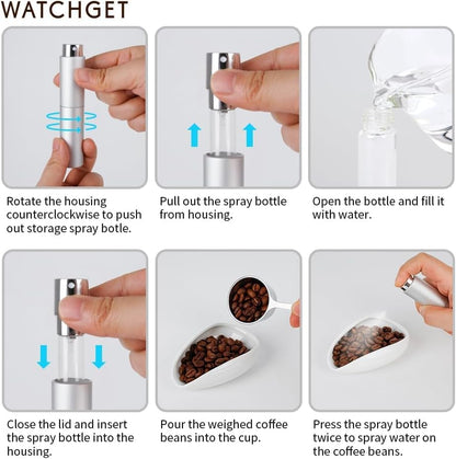 watchget Coffee Bean Dosing Cup & Static Reduction Spray Bottle Kit for Espresso Bar, Ceramic Single Dose Tray for Brewing/Tea, Barista Accessories Set, White