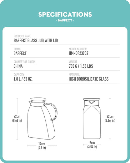 Baffect Water Pitcher, Glass Pitcher With Lid And Handle, 63 Oz / 1.8 L High Borosilicate Glass Jug For Fridge Door, Carafe For Hot/Cold Iced Tea Juice Coffee Milk Beverage （Glacier-Textured）