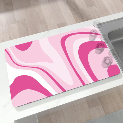 Dish Drying Mat for Kitchen Counter, 12" X 20" Absorbent Coffee Bar Mat Rubber Backing, Easy to Clean Kitchen Drying Matt for Dishes, Utensils, Countertops, Pink Abstract
