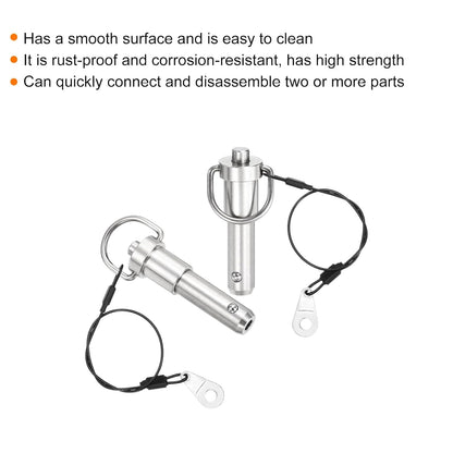 uxcell 2 Pcs Quick Release Pin, 1/2" x 1"(Dia. x L) Push-Button Ball Locking Pin 304 Stainless Steel Ring Handle Locking Pin with Wire for Audio Bimini Top Marine, Silver