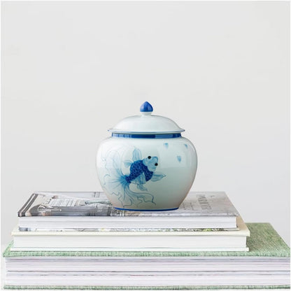 5 inches Ginger jar Lid - blue fish decorative Ceramic Ginger jar vase with Lid， chinoiserie gift koi decor small jars for Home decor/jewelry/Tea/coffee beans/Storage
