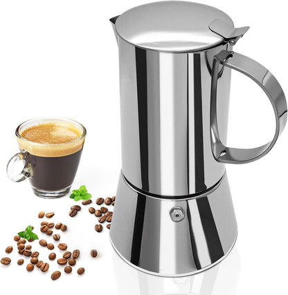 Uncoated 4 Cup Moka Pot 304 Thickened Stainless Steel Coffee Maker Stovetop Espresso Coffeemaker Italian Classic Style Brewing Greca Cafe Mocha Machine for Cafeteras Camping Travel Home 200ml 6.6oz