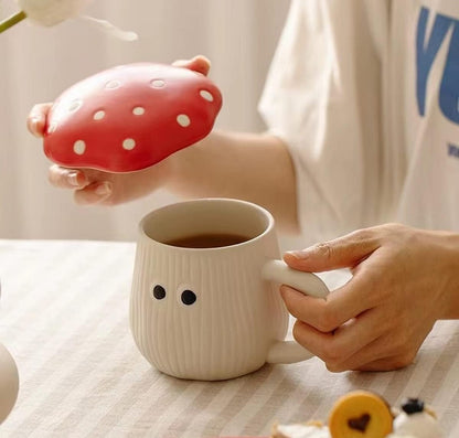 Cute Mushroom Mug with Lid, Handmade Glaze Cover & Eyes, Safety Matt Ceramic Milk Mugs, 12 oz Cartoon Tea Cup. Best Gifts for Women & Girls.