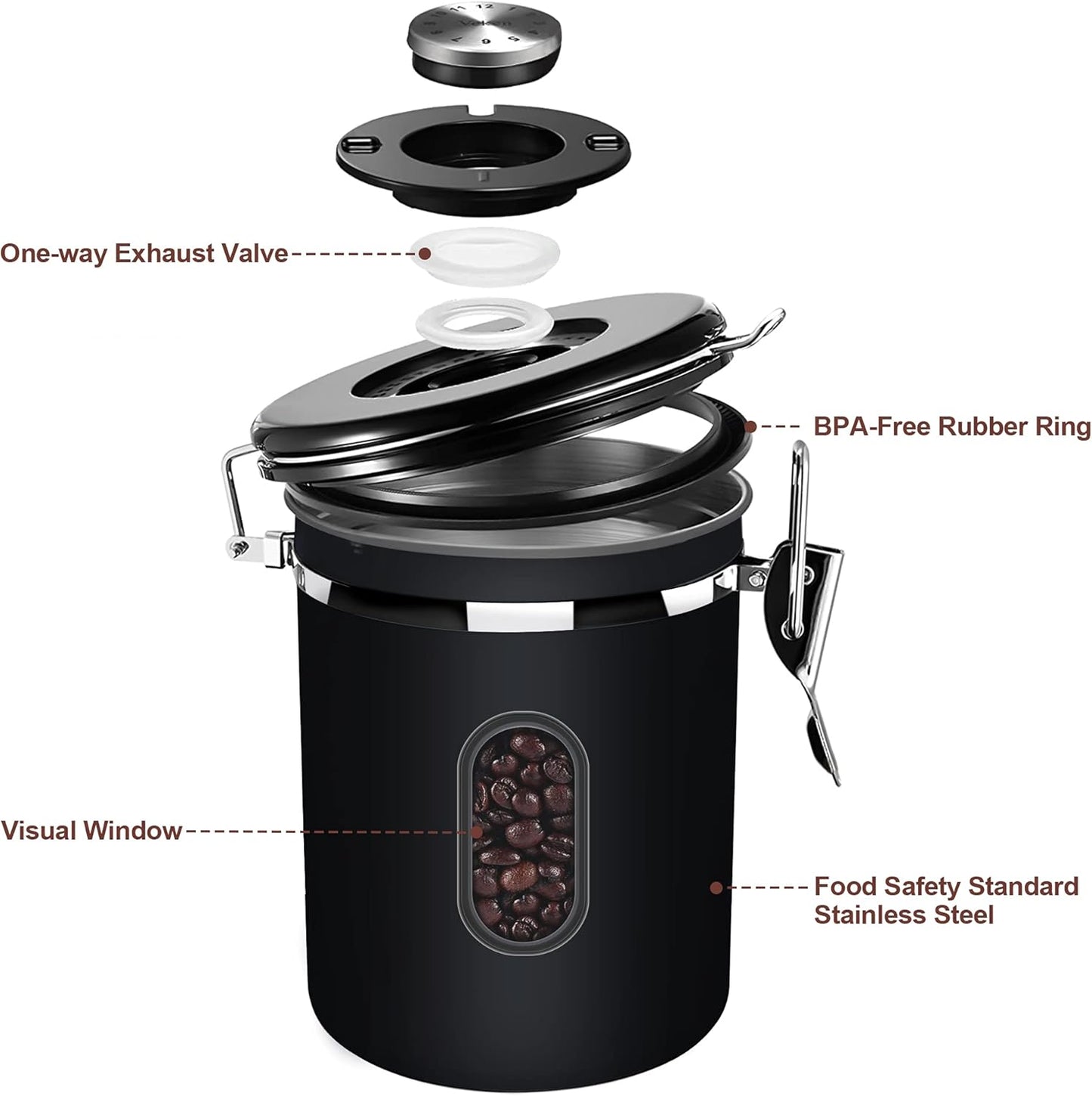 1500ML Airtight Coffee Canister with Date Tracker&Transparent Window, 18OZ Coffe Beans Storage with 30ML Measure Spoon&4 co2 Valve, Coffee Container for Grounds Coffee, Beans, Tea, Sugar, Flour(Black)