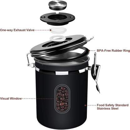 1500ML Airtight Coffee Canister with Date Tracker&Transparent Window, 18OZ Coffe Beans Storage with 30ML Measure Spoon&4 co2 Valve, Coffee Container for Grounds Coffee, Beans, Tea, Sugar, Flour(Black)