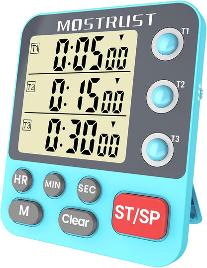 Digital Dual Kitchen Timer, 3 Channels Countdown Triple Timer for Cooking, Magnetic Memory-Preset Large-Display Adjustable Alarm Volume, Multi Times Management, 3A Battery Included, Blue