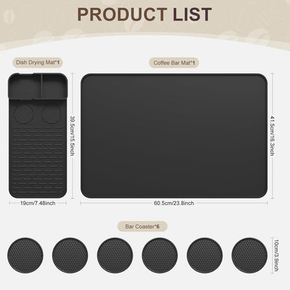 24''x16'' Silicone Coffee Mat with 6PCS Coasters,Counter Bar Mat with Detachable Dish Drying Mat for Kitchen Countertops,Coffee Bar Accessories (Black, 24 x 16 inches)