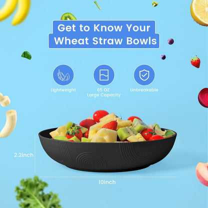 Homienly Wheat Straw Large Salad Bowl Set - Salad Bowls for Kitchen, Party, 60 OZ Large Capacity Serving Bowls Set of 2, Microwave and Dishwasher Safe Big Fruit Bowls (Black)