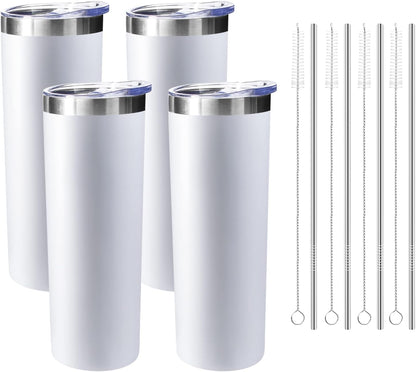 20 oz Skinny Tumblers with Lid and Straw,Stainless Steel Vacuum Insulated Tumbler Cup Double Wall Travel Coffee Mug, Thermal Water Tumbler for Hot and Cold Drinks(White,4)