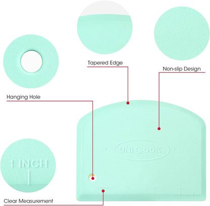 Unicook Dough Scraper Cutter, Flexible Plastic Bench Scraper for Baking Pizza/Pastry/Cake, Multipurpose Baking Tools with Measuring Scale, 2 Pack