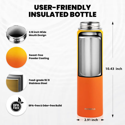 Insulated Water Bottle 24oz, Triple Wall Vacuum Stainless Steel (Cold for 48 Hrs, Hot for 24Hrs), Leak Proof & Non-BPA, 24oz Hydro Water Flask with Paracord Handle & Straw Spout Lids