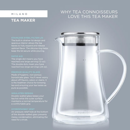 Teabloom Insulated Teapot Keeps Tea Hot – Tea Maker For Two (24 oz) – Double Wall Heatproof Glass Tea Steeper with Stainless Steel Filter Lid for Loose Leaf Tea