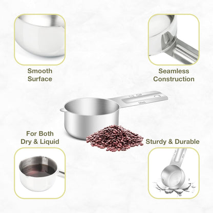 1PCS 1/4Cup (60ml, 2oz) Single Measuring Cup, Etched Inner Scale Stainless Steel Measure Scoop, Metric and US Measurement, Dishwasher Safe
