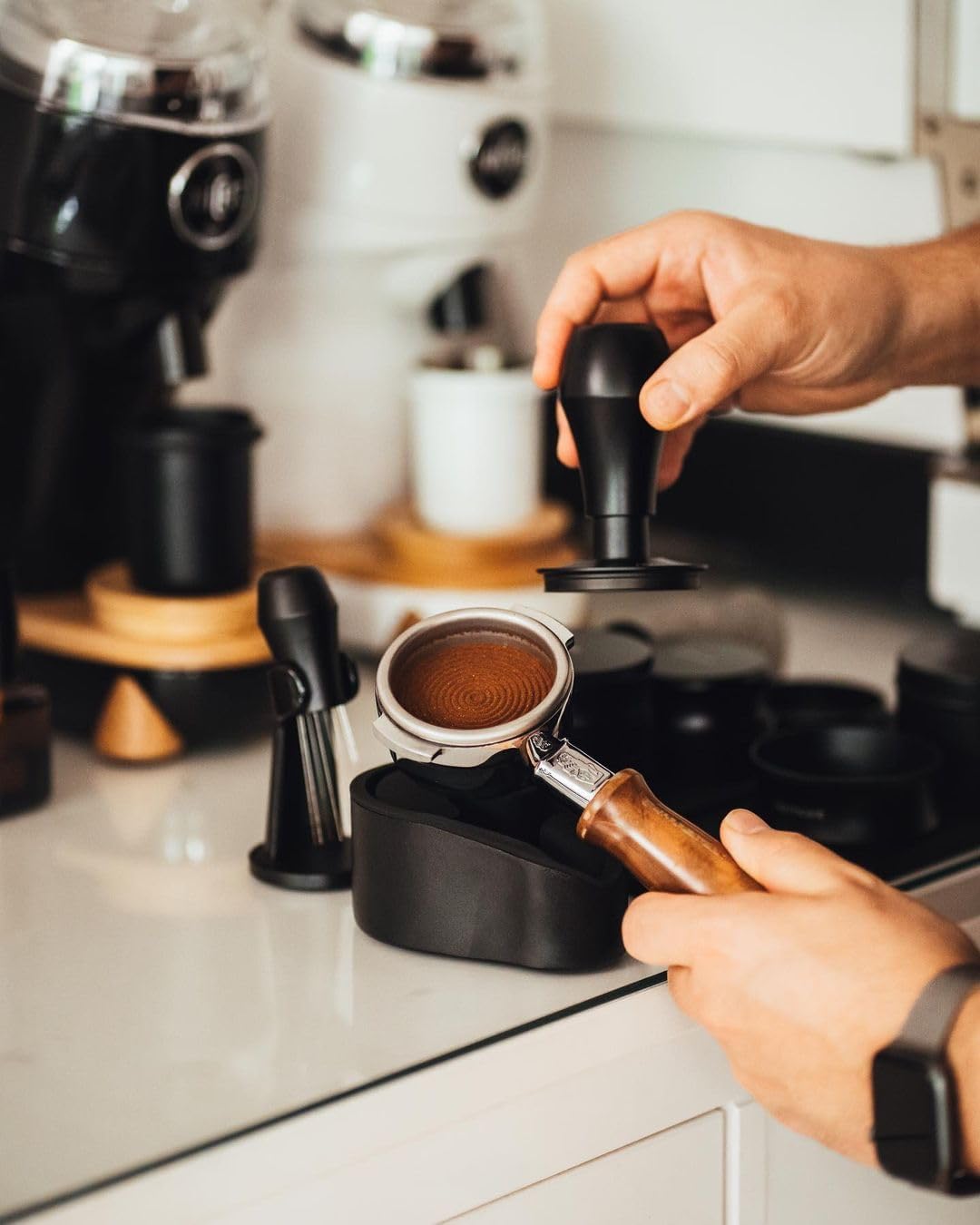 Normcore 58.5mm Espresso Coffee Tamper V4 - Titanium PVD Coating Ripple Base - Spring Loaded Tamper - 15lb / 25lb / 30lbs Replacement Springs - Anodized Aluminum Handle and Stand