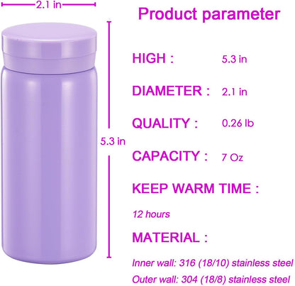 Mini Thermos Cute Water Bottle - 7 oz Tiny Insulated Vacuum 18/10 Stainless Steel Small Flask - Leak Proof & Spill Proof & Keeps Cold and Hot for Drink, Coffee, Tea - Purple