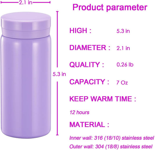 Mini Thermos Cute Water Bottle - 7 oz Tiny Insulated Vacuum 18/10 Stainless Steel Small Flask - Leak Proof & Spill Proof & Keeps Cold and Hot for Drink, Coffee, Tea - Purple